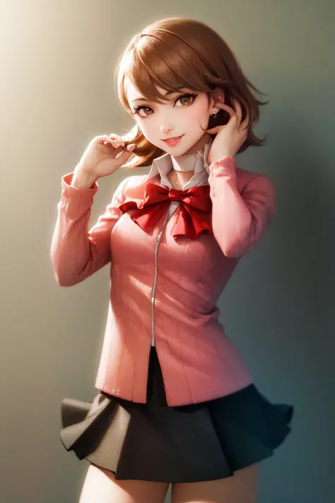 (masterpiece, best quality:1.2), <lyco:persona3_takeba-13:1.0>, cowboy shot, solo, 1girl, takeba yukari, smile, looking at viewer, hand in own hair, gekkoukan high school uniform, cardigan, bow, skirt, jewelry, earrings, choker