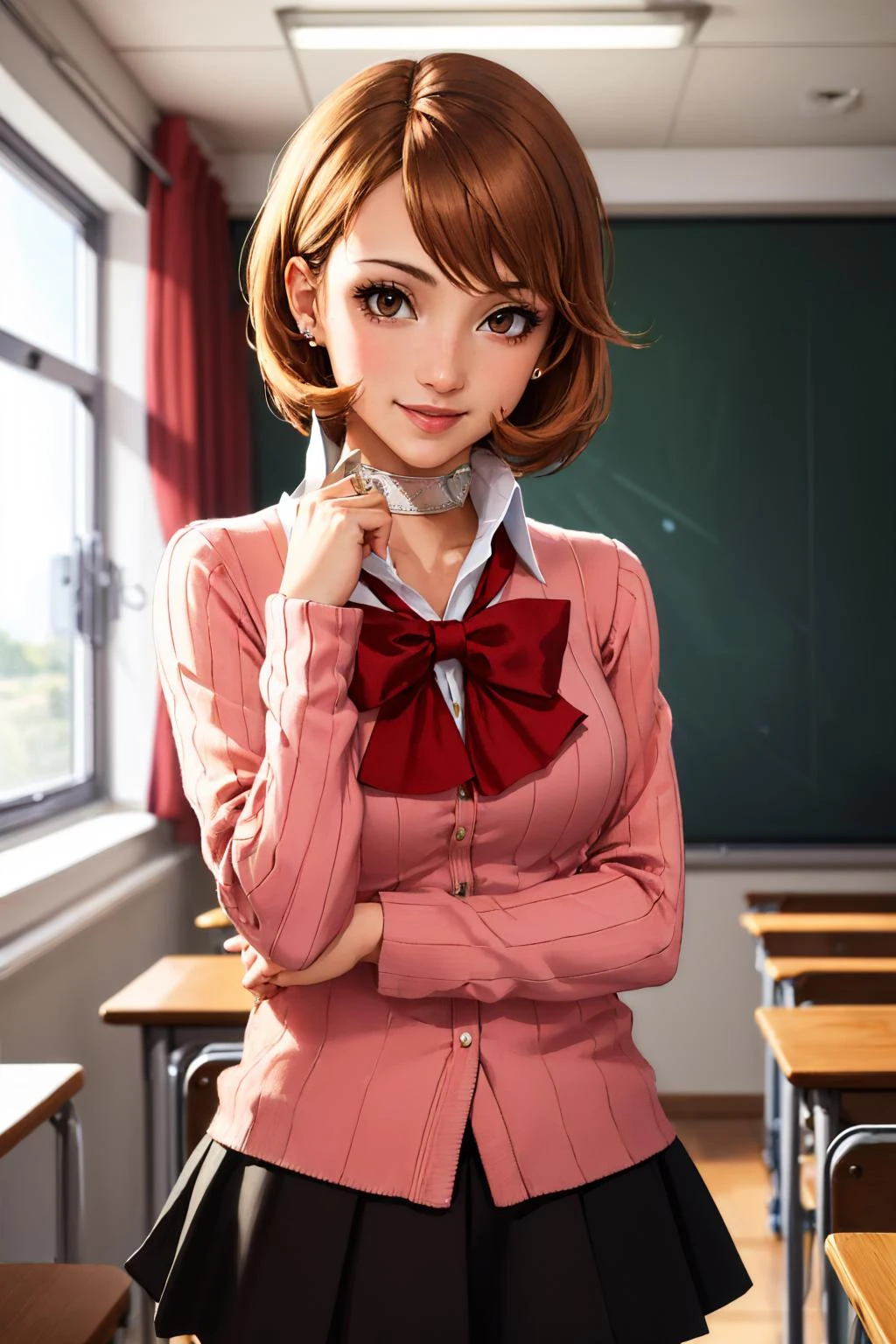 (masterpiece, best quality:1.2), solo, 1girl, takebadef, smile, looking at viewer, school uniform, cardigan, bow, skirt, choker, earrings, classroom <lora:persona3_takeba_v2-12:1>