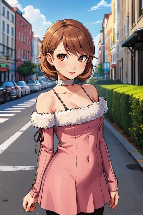 (masterpiece, best quality:1.2), solo, 1girl, takebawinter, smile, looking at viewer, dress, fur trim, choker, earrings, bare shoulders, collarbone, outdoors, city sidewalk <lora:persona3_takeba_v2-12:1>
