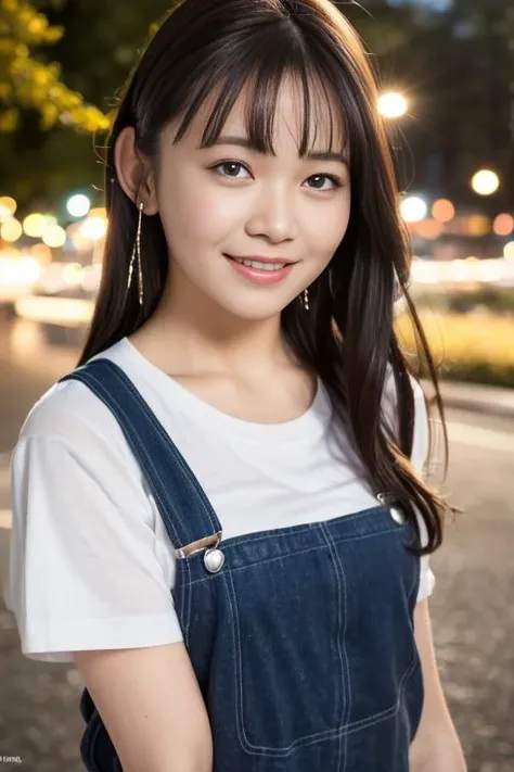 1girl,(wearing a tshirt and dungaree:1.2),(RAW photo, best quality), (realistic, photo-realistic:1.4), masterpiece, an extremely delicate and beautiful, extremely detailed, 2k wallpaper, Amazing, finely detail, extremely detailed CG unity 8k wallpaper, ultra-detailed, highres, soft light, beautiful detailed girl, extremely detailed eyes and face, beautiful detailed nose, beautiful detailed eyes,cinematic lighting,city lights at night,autumn scenery,park,perfect anatomy,slender body,smiling <lora:kumadarinka_lora:0.8>