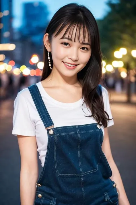 1girl,(wearing a tshirt and dungaree:1.2),(RAW photo, best quality), (realistic, photo-realistic:1.4), masterpiece, an extremely delicate and beautiful, extremely detailed, 2k wallpaper, Amazing, finely detail, extremely detailed CG unity 8k wallpaper, ultra-detailed, highres, soft light, beautiful detailed girl, extremely detailed eyes and face, beautiful detailed nose, beautiful detailed eyes,cinematic lighting,city lights at night,autumn scenery,park,perfect anatomy,slender body,(laughing),squinted eyes,blush on cheeks<lora:kumadarinka_lora:0.8>