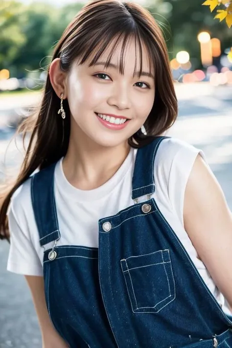 1girl,(wearing a tshirt and dungaree:1.2),(RAW photo, best quality), (realistic, photo-realistic:1.4), masterpiece, an extremely delicate and beautiful, extremely detailed, 2k wallpaper, Amazing, finely detail, extremely detailed CG unity 8k wallpaper, ultra-detailed, highres, soft light, beautiful detailed girl, extremely detailed eyes and face, beautiful detailed nose, beautiful detailed eyes,cinematic lighting,city lights at night,autumn scenery,park,perfect anatomy,slender body,(laughing),squinted eyes,blush on cheeks<lora:kumadarinka_lora:0.8>