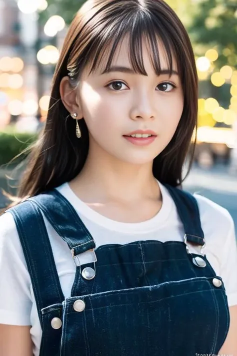 1girl,(wearing a tshirt and dungaree:1.2),(RAW photo, best quality), (realistic, photo-realistic:1.4), masterpiece, an extremely delicate and beautiful, extremely detailed, 2k wallpaper, Amazing, finely detail, extremely detailed CG unity 8k wallpaper, ultra-detailed, highres, soft light, beautiful detailed girl, extremely detailed eyes and face, beautiful detailed nose, beautiful detailed eyes,cinematic lighting,city lights at night,autumn scenery,park,perfect anatomy,slender body,smiling <lora:kumadarinka_lora:0.8>