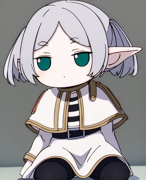 masterpiece, best quality, ssfrieren, 1girl, solo, pointy ears, twintails, green eyes, (black pantyhose:1.25), belt, white capelet, white dress, long sleeves, striped shirt, grey hair, medium hair, fumo, doll, sitting, simple background <lora:frieren_sd_v2:1> <lora:fumo:1.0>