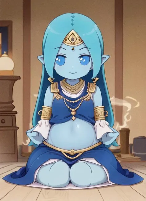 ((best quality)), ((highly detailed)), masterpiece, ((official art)), (detailed eyes, deep eyes), (1girl), (((genie))), pointed ears, colored skin, (((blue skin:1.44))), (((Arabian clothes))), transparent clothes, veil, tassels, friendly smile, oil lamp, (belly dancer), medium breasts, narrow waist, big hips, long (purple) hair, high ponytail, smoke, magic, , <lora:fumoLikeAnimeStyle_v10:.8>, fumo, doll, sitting