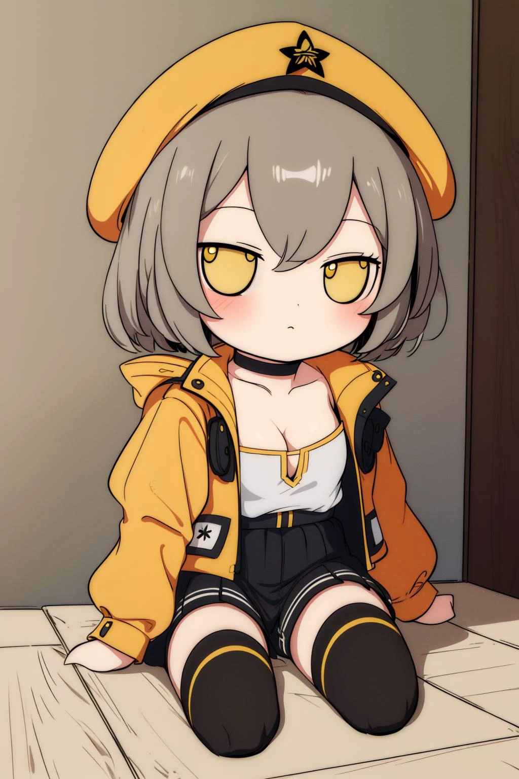 (masterpiece, best quality:1.2), highly detailed, 1girl, <lora:fumo:0.8> (fumo, chibi, doll, plush:1.2), sitting, <lora:anis-nikke-richy-v2:0.8> anisdef, yellow eyes, cleavage, grey jacket, thighhighs, open clothes, beret,