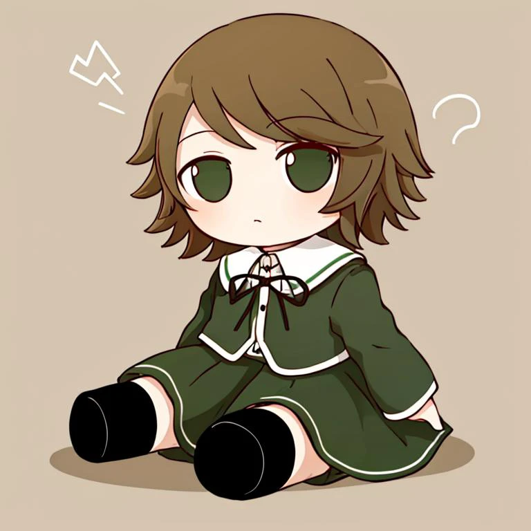 best quality, fujisaki chihiro, fumo, 1boy, otoko no ko, doll, green jacket, ribbon, brown skirt, kneehighs, sitting, <lora:chihiro-nvwls-v1:0.85>, <lora:fumo:0.8>
