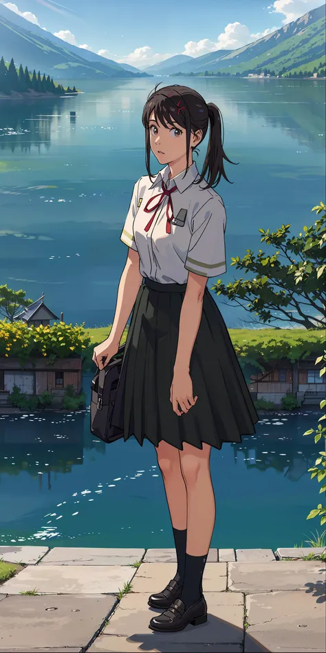 <lora:suzume:0.65>,suzu_me, 1 girl, solo, (standing), (looking at viewer:1.2),  brown eyes, black hair, hairclip, single drill, red ribbon, short sleeves school uniform,(green school skirt), black socks, black shoes,outdoors,(light rays:1.2),(sun:1.2),(blue sky:1.1), park,(flowers:1.1),(lake:1.2),(mountains:1.2),(houses:1.2),lawn,trees,from above,