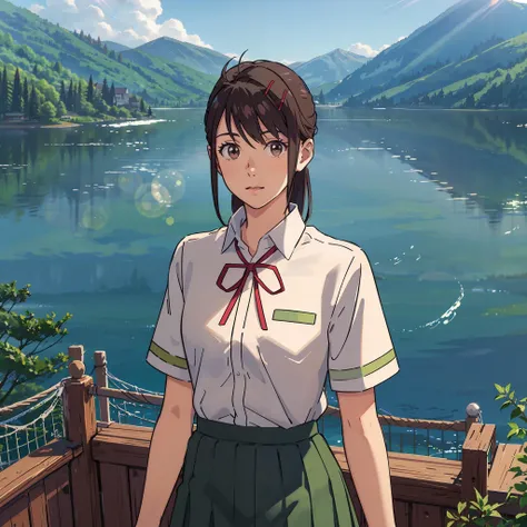 <lora:suzume:0.65>,suzu_me, 1 girl, solo, (standing), (looking at viewer:1.2),(upper body), brown eyes, black hair, hairclip, single drill, red ribbon, short sleeves school uniform,(green school skirt),outdoors,(light rays:1.2),(sun:1.2),(blue sky:1.1), park,(flowers:1.1),(lake:1.2),(mountains:1.2),(houses:1.2),lawn,trees,