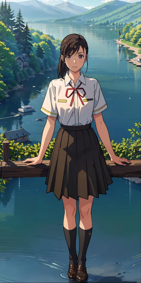 <lora:suzume:0.65>,suzu_me, 1 girl, solo, (standing), (looking at viewer:1.2),  brown eyes, black hair, hairclip, single drill, red ribbon, short sleeves school uniform,(green school skirt), black socks, black shoes,outdoors,(light rays:1.2),(sun:1.2),(blue sky:1.1), park,(flowers:1.1),(lake:1.2),(mountains:1.2),(houses:1.2),lawn,trees,from above,