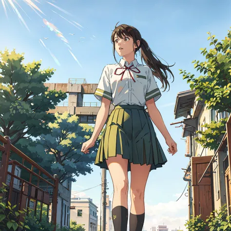 <lora:suzume:0.65>,suzu_me, 1 girl, solo, (standing), full body, brown eyes, black hair, hairclip, single drill, red ribbon, short sleeves school uniform,(green school skirt), outdoors,(light rays:1.2),(sun:1.2),(blue sky:1.1), (cityscape:1.2),lawn,trees,from below