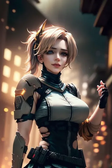 dark night scene, best quality, 1girl, (upper body:1.2), digital illustration, beautiful shapely corneo_mercy, (ragged and (torn short_black_skirt:1.2) and tactical gear:1.3), standing in the dark, (dynamic pose), (beautiful face with scratches), (soft skin color), (deep blue eyes), (athletic:1.3), (wide hips:1.1), (thick thighs:1.1), (night city in detailed background:1.3), (nixeu_white:0.7), (nixeu_extra:0.7), dark aesthetic, (medium size boobs:0.8), heavy breathing, (happy smirk), (horror atmosphere), \(overwatch\), film grain, lens distortion, (chromatic aberration), erotic, (muscular:0.7), torn tights, (elbow protection pad), (lips)