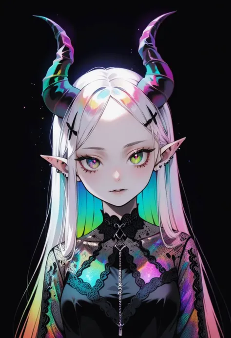 pale demon girl , prismatic coloring, holographic vibe, chromatic black lace blouse, gothic background, (long straight horns:1.2)