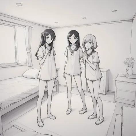 Sakaya Miki and Saijo Juri and Rinze Morino standing, plain room, Characters to be accurate to original source but not to fan-art, Anime sketch