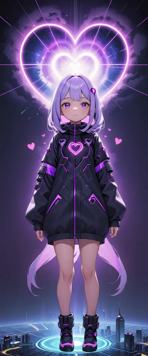 a 3-year-old Emirati girl is standing inside a heart shaped cloud, in the style of photorealistic, cyberpunk manga, portraits, 32k uhd, Galaxy Purple and Wine Purple,