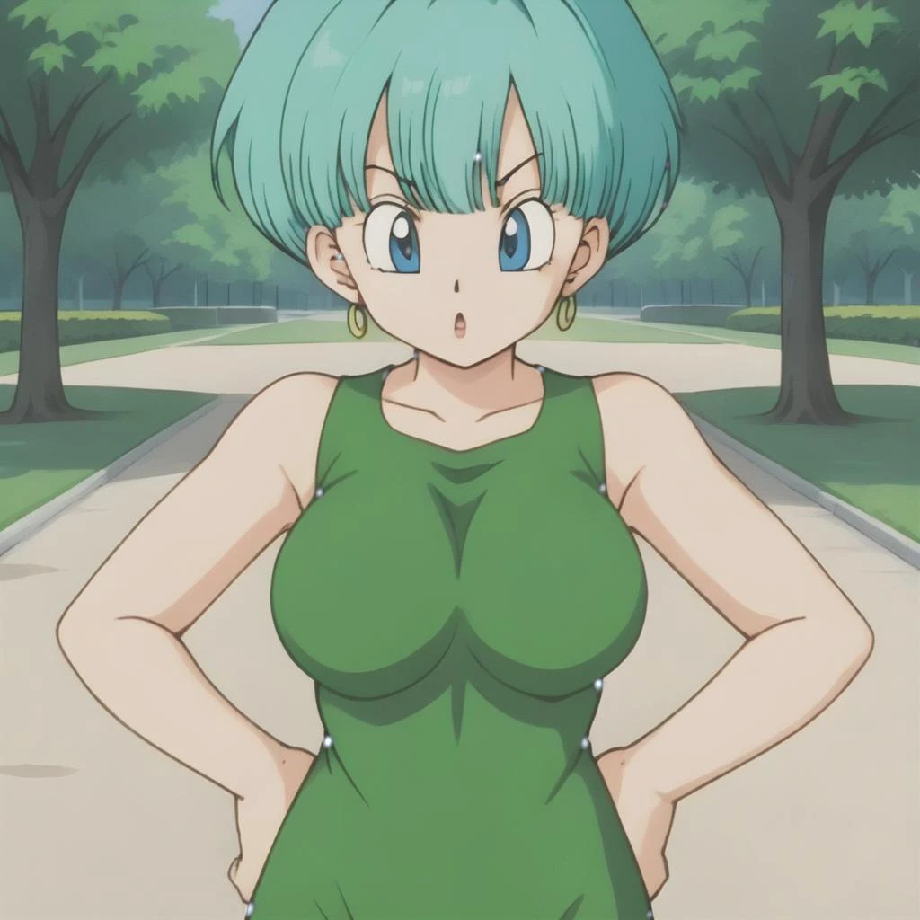 <lora:OlderBulmaXL:.8>olderbulma, green dress, angry, hands-on breasts, messy hair, park, medium breasts, nipples, pubic hair,