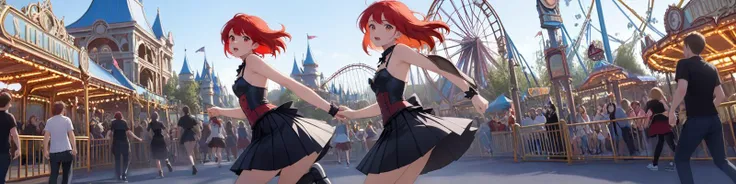 [(26-year-old Streetwear girl:1.2) (wearing Pleated black skirt with a Victorian corset top], [Running a punk music record label]:1.1) , (Crowded Amusement Park:1.2), disney