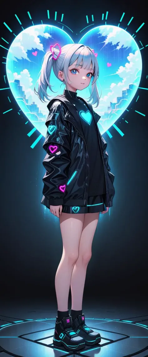 a 9--old alan girl is standing inside a heart shaped cloud, in the style of photorealistic, cyberpunk manga, portraits, 32k uhd, Holographic Multi-toned and Salt and Pepper,