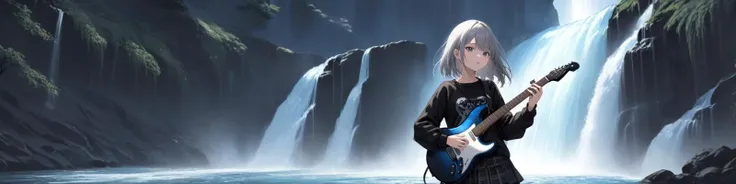 [(26-year-old Grunge girl:1.2) (wearing Black and silver jumper skirt with celestial prints], [Playing a fierce electric guitar solo]:1.1) , (Majestic Waterfall:1.2), photorealistic