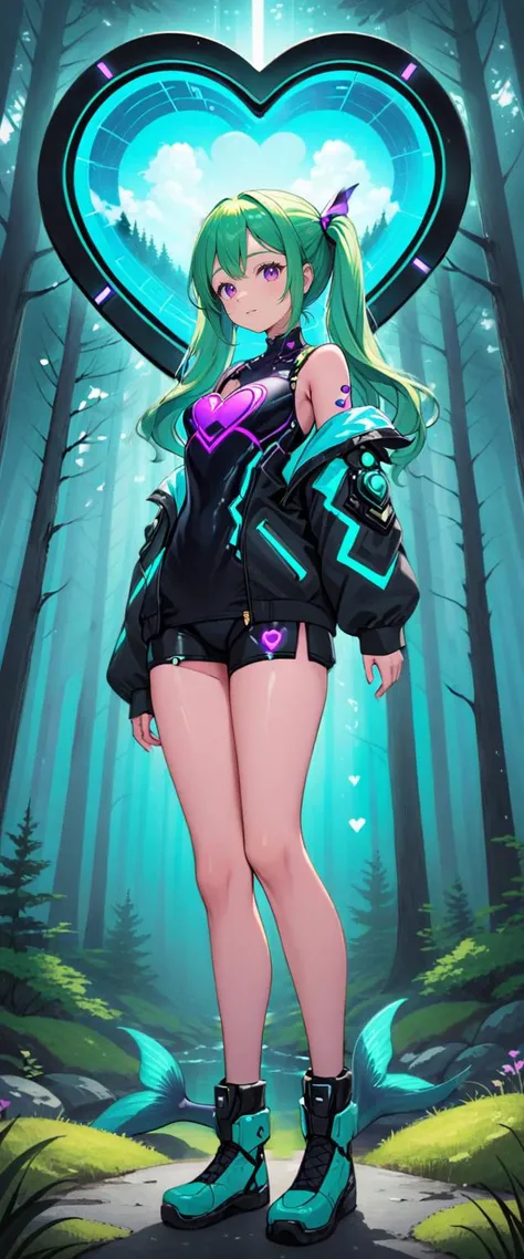 a Air Traffic Controller 23-year-old Greek girl is standing inside a heart shaped cloud, in the style of photorealistic, cyberpunk manga, portraits, 32k uhd, Forest Green and Mermaid Purple,
