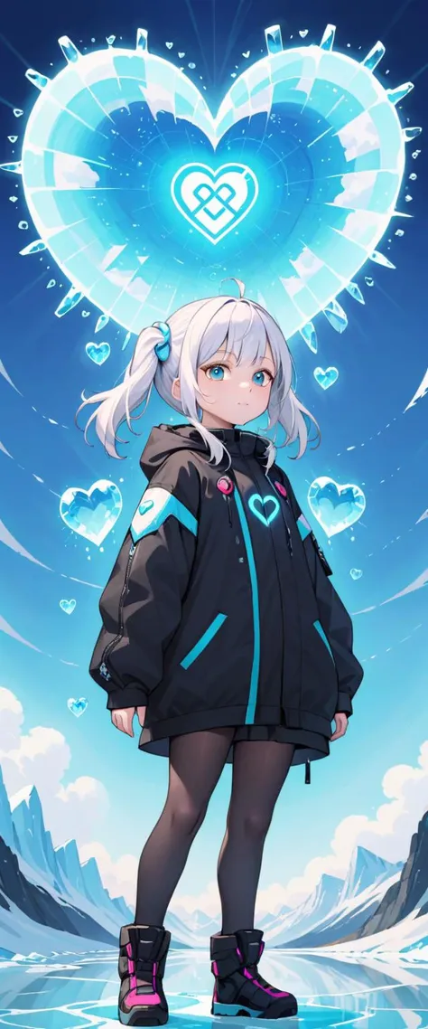 a 3-year-old Iranian girl is standing inside a heart shaped cloud, in the style of photorealistic, cyberpunk manga, portraits, 32k uhd, Arctic Ice White and Sky Blue,