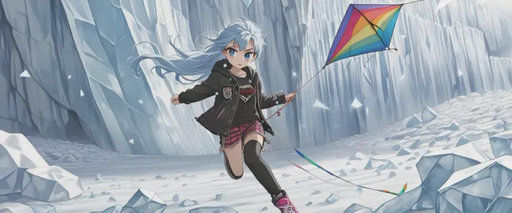 (Punk Rock 15-year-old girl Kite Flying, Gritty expression:1.5), (looking through:1.2), (Frozen Glacier:1.4), (extremely long Denim Light Blue hair, Sapphire Central Heterochromia eyes:1.3), (Limestone Cliffs:1.2), (Preteen body:1.3)