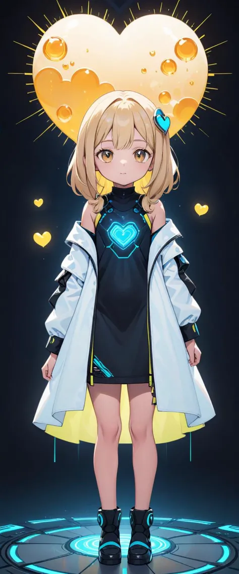 a 3-year-old Emirati girl is standing inside a heart shaped cloud, in the style of photorealistic, cyberpunk manga, portraits, 32k uhd, Honey Blonde and Sandstone Beige,