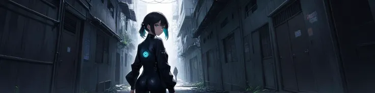 [(26-year-old Cyberpunk girl:1.2) (wearing Jet black one-piece with silver button detailing], [Sneaking into abandoned buildings for exploration]:1.1) , (Remote Wilderness:1.2), anime