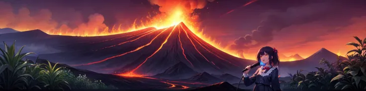 [(26-year-old Cyberpunk girl:1.2) (wearing Pinstripe jumper skirt with a ruffled blouse and bow tie], [Singing punk lullabies to plants]:1.1) , (Fiery Volcano:1.2), disney