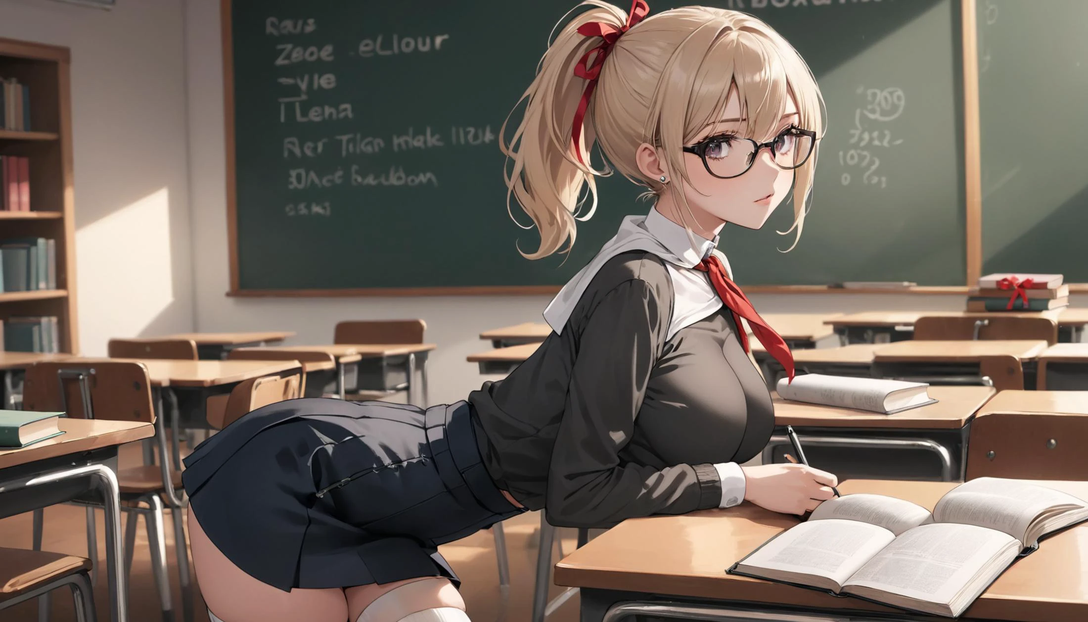 <lora:pionyrka:0.5>, pionyrs shirt, pionyrs neckerchief, pionyrs skirt, pionyrs sash, pionyrs badge, raw photo, <sideview|backview>, blonde teacher with cute makeup, age 35, eyecontact, face detailing, (holding textbook: 1.4) , narrow shoulders, black tight superminiskirt 25 cm long with slit on the back, wide hips, in high-heeled shoes, in the crowded classroom, white tight - fitting blouse , stylish glasses in a thin frame, (Thigh high socks :1.5), ponytail, red ribbon, skin tight , (side breasts) , shoulder, collarbone, students, desks ,chairs, long earrings, textbooks, blackboard, classroom, graphic eyeliner, rouge, (choker:0.9), realistic skin texture,,, very thin waist, <lora:SDXL_MassiveCowsLoRA_v1:0.1> breasts, cleavage, slim body,, (8k, masterpiece, best quality, ultra-detailed), (an extremely delicate and beautiful)kawaii, cute, very big eyes, Aesthetic Anime Eyes, small face, large breasts, cinematic lighting, , Intricate, High Detail, Sharp focus, dramatic, masterpiece, best quality, ultra-detailed,