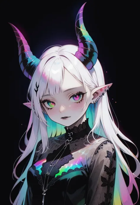 pale demon girl , prismatic coloring, holographic vibe, chromatic black lace blouse, gothic background, (long straight horns:1.2)