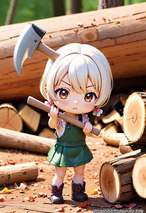 anime style, girl, doll, figure, figurine, pvc, action figure, 3d, chibi, cute, small, tiny, axe, chopping wood, funny, whimsical, silly