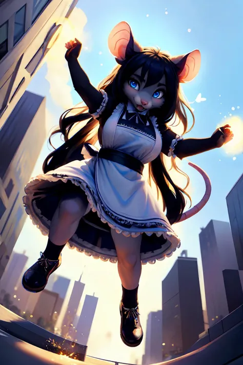 (anthro rat:1.2), sexy young, (floating, low angle, from below, jumping:1.5),
dynamic action fighting pose, ferocious, mouth open,
detailed (long hair, black hair, messy hair), (detailed fur:1.2), (fluffy fur:1.2), (grey fur:1.2), (detailed perfect eyes, beautiful eyes, glowing blue eyes, half-closed eyes, black pupils), freckles, rat snout, rat ears,
sagging large breasts, rat tail,
(yellow maid dress;1.2), magic, casting spell,
street of large modern japanese city, skyscrapers,
vivid colors, summer lighting, <lora:cute_maid-1.0:1> magical butterflies magic circle, magical particles, (masterpiece:1.2), (highly detailed:1.2), (intricate:1.2), (best quality:1.2),(8k:1.2), (elegant:1.2), (sharp:1.2), (majestic:1.2), (8k:1.2),