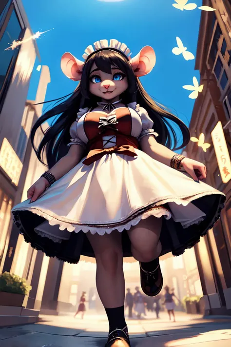 (anthro rat:1.2), (floating, low angle, from below, jumping:1.5),
magical girl, dynamic fighting pose, ferocious, mouth open,
detailed (long hair, black hair, messy hair), (detailed fur:1.2), (fluffy fur:1.2), (grey fur:1.2), (detailed perfect eyes, beautiful eyes, glowing blue eyes, half-closed eyes, black pupils), freckles, rat snout, rat ears,
sagging large breasts, rat tail,
(yellow maid dress;1.2), magic, casting spell,
street of large modern japanese city, skyscrapers,
vivid colors, summer lighting, <lora:cute_maid-1.0:1> magical butterflies magic circle, magical particles
why can't I make her ferocious ? Is it the magic of love ?, (masterpiece:1.2), (highly detailed:1.2), (intricate:1.2), (best quality:1.2),(8k:1.2), (elegant:1.2), (sharp:1.2), (majestic:1.2), (8k:1.2),