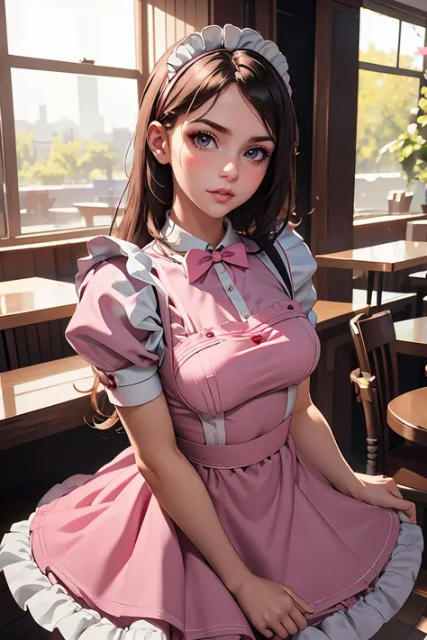 (masterpiece, best quality), 1girl, beautiful face, <lora:cute_maid-1.0:1> maid, pink maid dress, long hair, restaurant,