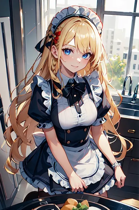 ultra detailed, masterpiece, best quality, solo, soft smile, light smile,
1girl, blue eyes, very long hair, blonde hair, long blonde hair, french braid, bangs, medium breasts,
hair ribbon, <lora:cute_maid-1.0:1> maid