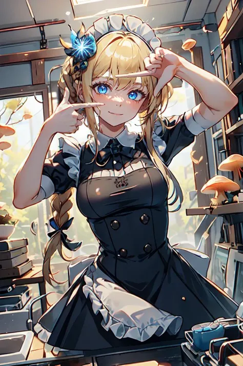 ultra detailed, masterpiece, best quality, solo, soft smile, light smile,
1girl, blue eyes, very long hair, blonde hair, long blonde hair, french braid, bangs, medium breasts,
hair ribbon, <lora:cute_maid-1.0:1> maid, <lora:finger_frame_final:1> (finger frame:1.3), <lora:MyceliumTech:0.6> myceliumtech, scifi, Psychedelic , Mycelia, spongy,