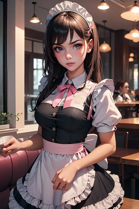 (masterpiece, best quality), 1girl, beautiful face, <lora:cute_maid-1.0:1> maid, pink maid dress, long hair, restaurant,