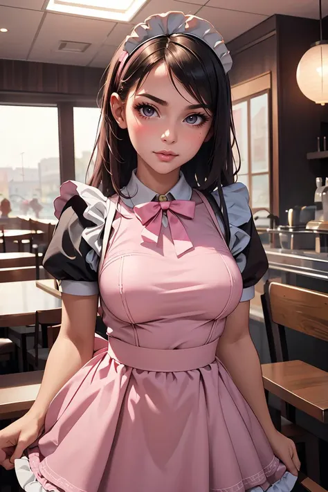 (masterpiece, best quality), 1girl, beautiful face, <lora:cute_maid-1.0:1> maid, pink maid dress, long hair, restaurant,