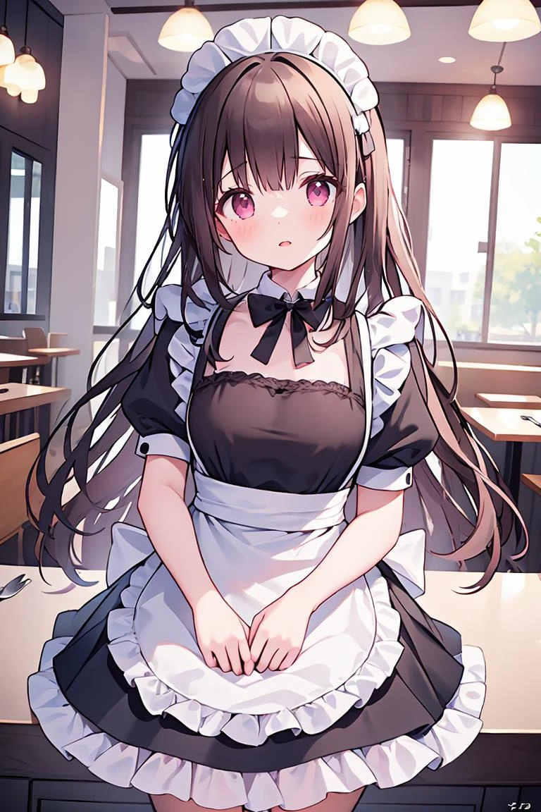 (masterpiece, best quality), 1girl, beautiful face, <lora:cute_maid-1.0:1> maid, pink maid dress, long hair, restaurant,