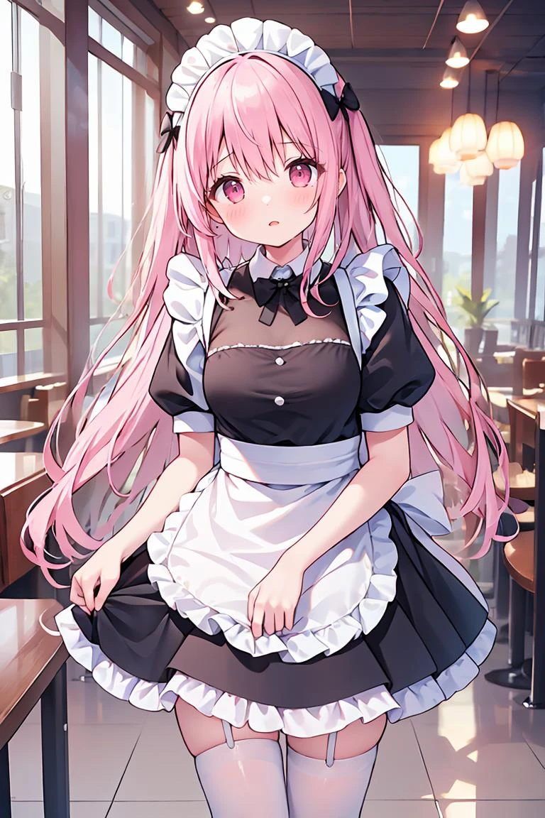 (masterpiece, best quality), 1girl, beautiful face, <lora:cute_maid-1.0:1> maid, pink maid dress, long hair, restaurant,