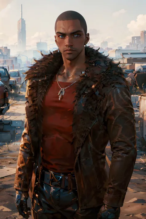 RiverCyber, artificial eye,man, muscular, bald, dark skin, jewelry, necklace, jacket, fur collar, showing pecs, abs, belt, pants, looking at viewer, seductive smile, blush
sitting,  interior of a trailer living room, on sofa, spreading legs, 
extreme detail, hdr, beautiful quality, masterpiece,
<lora:RiverCyberV2:.7> <lora:more_details:.5>