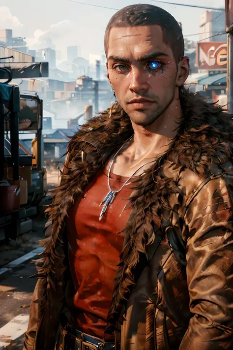 RiverCyber, artificial eye,man, muscular, bald, dark skin, jewelry, necklace, red shirt, jacket, fur collar, looking at viewer, serious, close up portrait,
outside, trailer park, futuristic cityscape, dusty,
extreme detail, hdr, beautiful quality, masterpiece,
<lora:RiverCyberV2:.8> <lora:more_details:.5>
