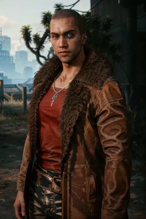 (masterpiece, best quality:1.2)
RiverCyber, 1boy, male focus, solo, bald, jewelry, realistic, tree, belt, outdoors, necklace, red shirt, shirt, jacket, dark-skinned male, fur trim, dark skin, (artificial eye:1.3)
<lora:add_detail:0.7> <lora:epi_noiseoffset2:1> <lora:RiverCyber:0.9>