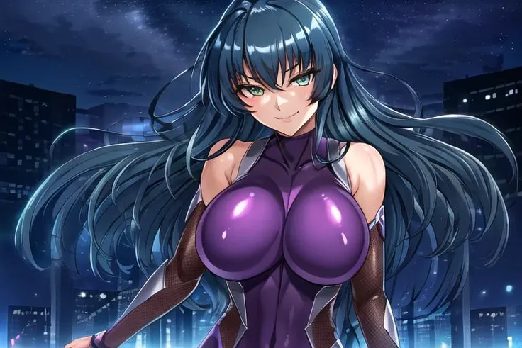 sfw, anime, (best quality, masterpiece:1.2), beautiful eyes, 1girl, solo, masterpiece, best quality, asagi, bodysuit, outdoors, purple bodysuit, looking at viewer, upper body, cute, (closed mouth: 1.4), detailed face, arms down, bare shoulders, pureerosface, smile, green eyes, night,