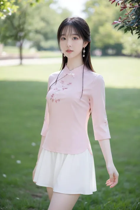 best quality,HDR,UHD,8K,Vivid Colors,solo,photo_,(1girl:1.3),(standing:1.3),(looking at viewer:1.4),Elegant,detailed gorgeous face,(upper body:1.2),bright,(lawn background:1.2),(pale skin:1.4),<lora:Twinkle7:0.75>,pink shirt,white skirt,