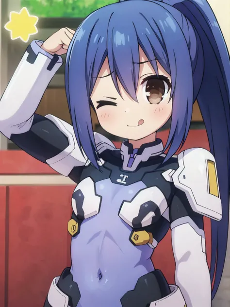 ((masterpiece)), (best quality, highres), 1girl, smile, tongue, upper body, close-up, <lora:mana takamiya s2-lora-nochekaiser:1>, mana takamiya, long hair, hair between eyes, (brown eyes:1.3), blue hair, ponytail, sidelocks, armor, leotard, bodysuit, covered navel, headgear, mecha musume, <lora:teehee:1>, tehepero, dojikko pose, arm up, licking lips, one eye closed, ;q, >_o, star \(symbol\), clenched hand, school