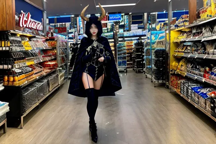 (otherworldly), highly insanely detailed, masterpiece, top quality, best quality, highres, 4k, 8k, RAW photo, (very aesthetic, beautiful and aesthetic), (1girl:1.2),
demon, (ice horns sparkling with frost), wearing Mysterious midnight blue cloak with hood, lace-trimmed stockings, pointed heels,
indoors, store,
<lora:JPN_SM-v1.0:1>, (fantasy world)