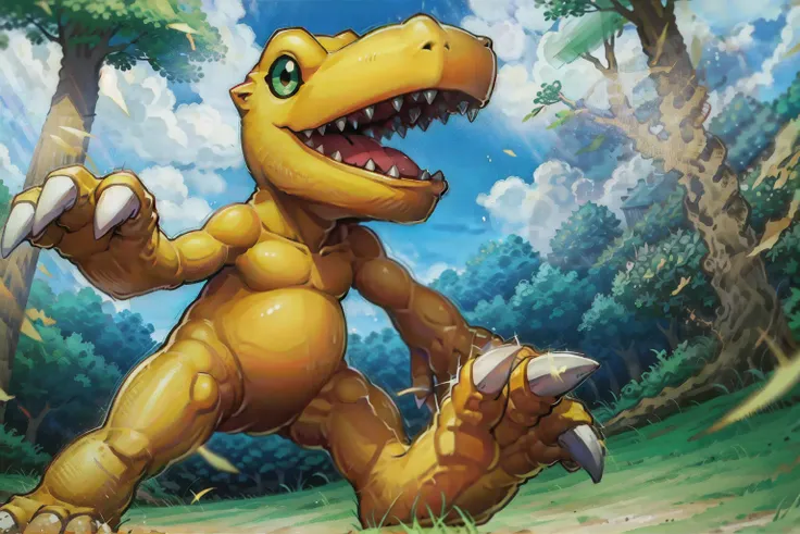 masterpiece, 8K, best quality, agumon , in a forest, wide angle, very long shot <lora:Agumon:1>