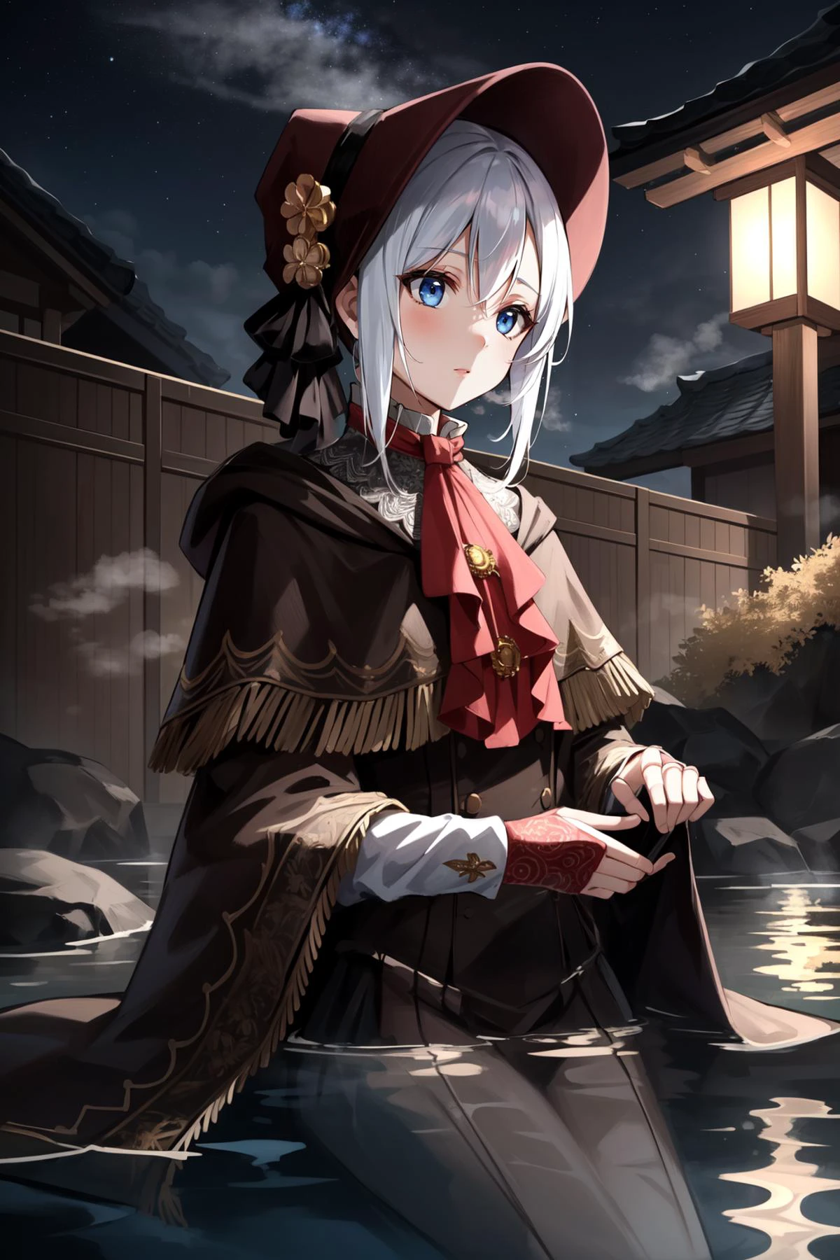 (masterpiece, best quality), intricate details,
1girl, <lora:plaindoll-nvwls-v1:0.8> plaindoll, white hair, doll joints, bonnet, brown cloak, long dress, red ascot
<lora:partially_underwater_shot_v0.2:0.8> partially submerged, onsen, bathing, steam, night, sky, stars, japanese building,